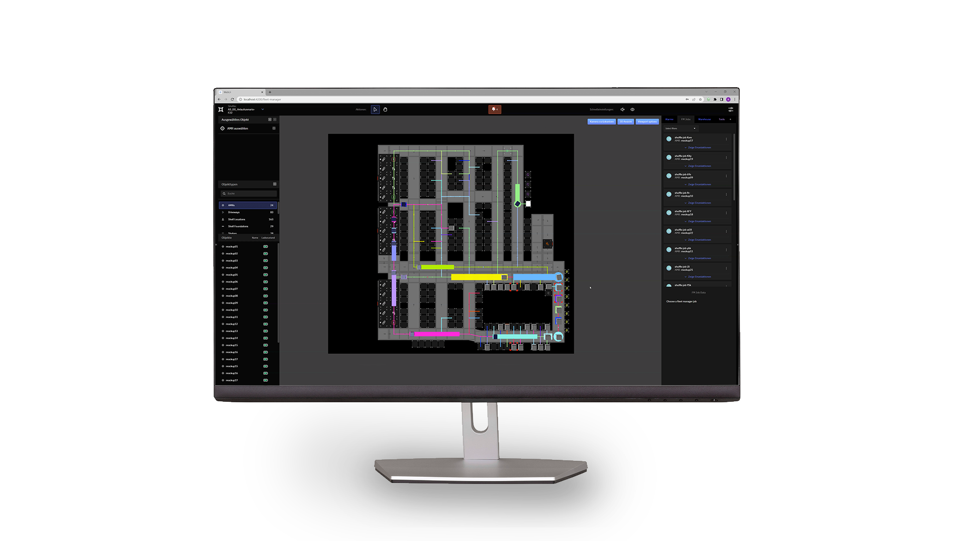 A mockup showing a dark mode view of the arculus software ecosystem's interface. There is a flat map of the operation featuring pink, blue, yellow, green, and cyan highlights. On the left there is a list of all robots and their respective battery status.