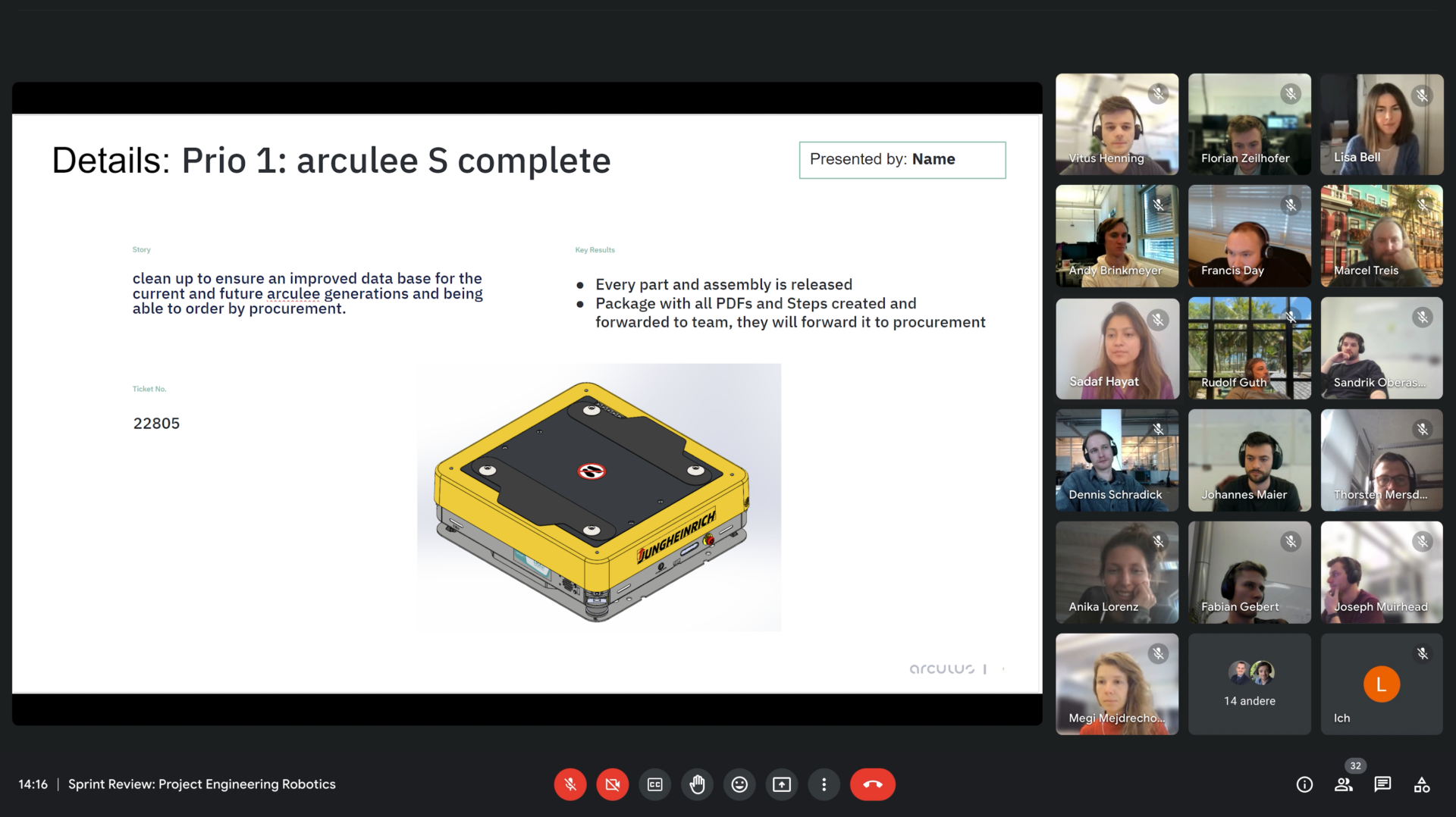 A screenshot of a google meet. There are 32 participants in the meeting, and 16 of them have their cameras on. A slide is being presented with the title "Details: Prio 1: arculee S complete". A graphic representation of a yellow arculee is also part of the slide.