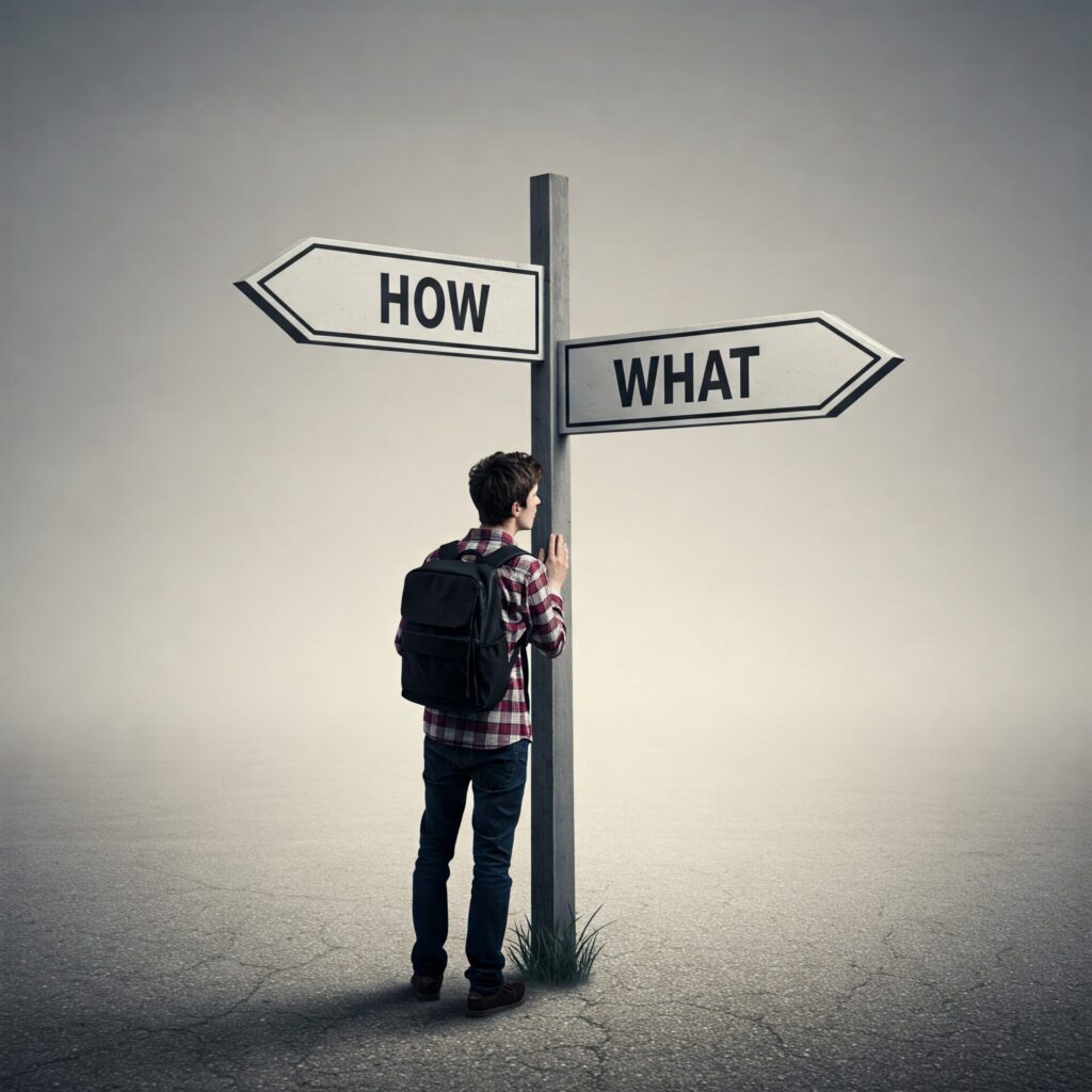 A person standing at a crossroads sign labeled 'How' and 'What,' symbolizing decision-making and strategic choices in product discovery.